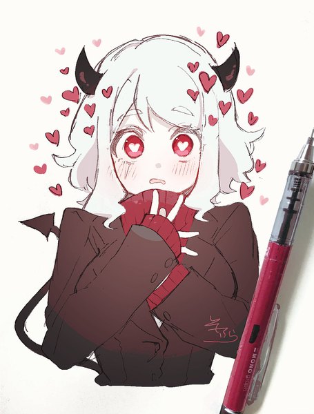 Anime picture 1177x1552 with helltaker modeus (helltaker) sofra single tall image looking at viewer blush fringe short hair open mouth simple background red eyes white background signed upper body white hair tail long sleeves horn (horns) sleeves past wrists