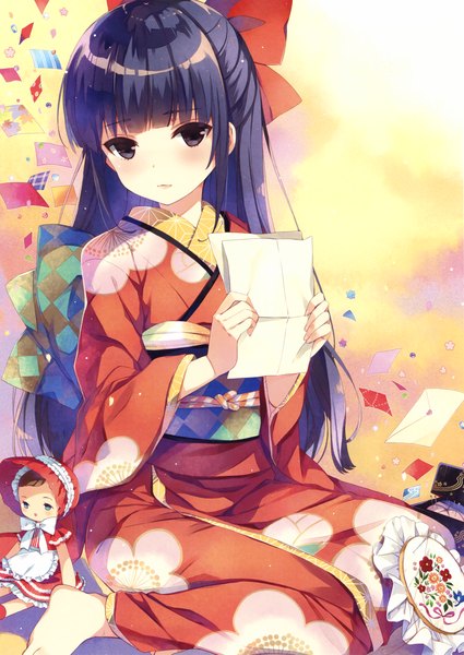 Anime picture 2340x3300 with original eshi 100-nin ten sakura koharu single long hair tall image blush highres black hair traditional clothes japanese clothes black eyes scan girl bow hair bow kimono obi paper doll (dolls)