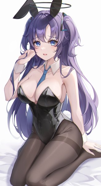 Anime picture 3211x5888 with blue archive yuuka (blue archive) yulha 06 single long hair tall image looking at viewer blush fringe highres breasts open mouth blue eyes light erotic simple background large breasts white background animal ears absurdres cleavage