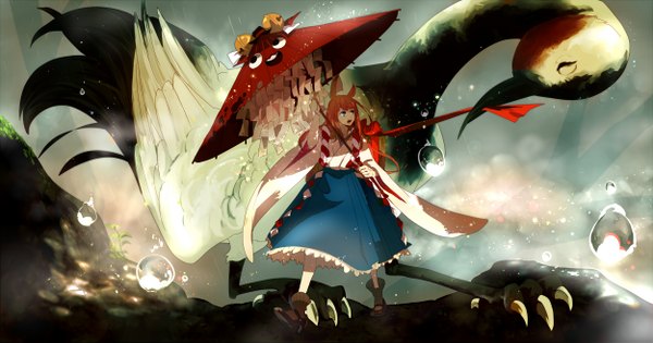 Anime picture 2500x1315 with original kukka fringe highres open mouth blue eyes wide image holding animal ears looking away traditional clothes japanese clothes pointy ears orange hair wide sleeves rain face miko girl skirt