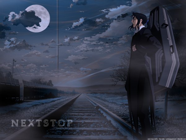 Anime picture 1280x960 with blood+ production i.g haji long hair blue eyes black hair cloud (clouds) night boy moon full moon suit railways