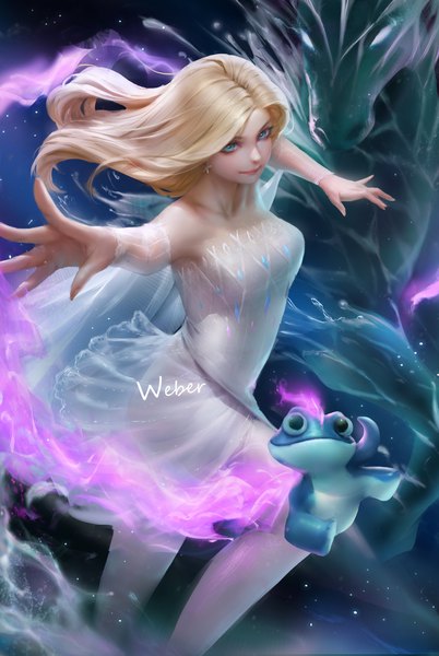 Anime picture 2844x4244 with frozen (disney) disney elsa (frozen) weber single long hair tall image looking at viewer fringe highres breasts blue eyes blonde hair smile standing bare shoulders signed wind realistic outstretched arm