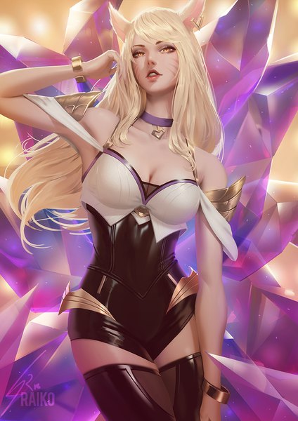 Anime picture 848x1200 with league of legends k/da (league of legends) ahri (league of legends) k/da ahri raikoart single long hair tall image looking at viewer fringe breasts blonde hair standing signed animal ears yellow eyes payot tail parted lips animal tail
