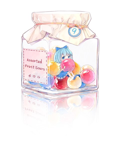Anime picture 2031x2536 with touhou cirno tsukimiya kamiko single tall image looking at viewer highres short hair blue eyes white background sitting blue hair ahoge reflection minigirl in container girl dress bow hair bow