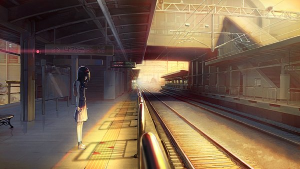 Anime picture 1024x579 with original maxpower (artist) single long hair blue eyes black hair wide image standing looking away crying waiting girl skirt uniform school uniform bag backpack teardrop bench power lines