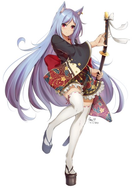Anime picture 1920x2716 with original lulu-chan92 single long hair tall image looking at viewer highres simple background red eyes white background signed animal ears blue hair full body traditional clothes japanese clothes dated slit pupils wolf ears girl