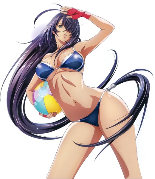 Anime picture 2187x2520 with ikkitousen kanu unchou single tall image fringe highres breasts blue eyes light erotic simple background white background purple hair very long hair scan hair over one eye midriff girl gloves navel swimsuit