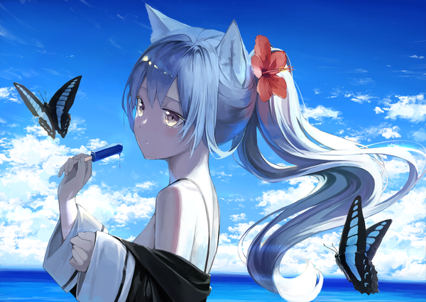 Anime picture 2549x1811 with original mikisai single long hair blush fringe highres breasts standing bare shoulders holding animal ears yellow eyes looking away sky silver hair cloud (clouds) upper body outdoors ponytail