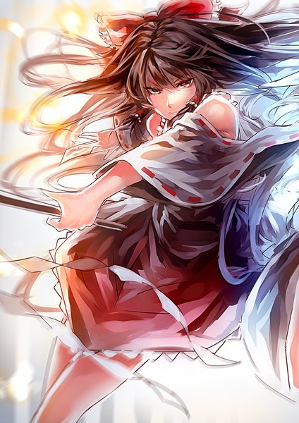 Anime picture 1413x2000 with touhou hakurei reimu uu uu zan single long hair tall image looking at viewer brown hair standing bare shoulders holding brown eyes traditional clothes wide sleeves bare legs magic miko girl bow hair bow