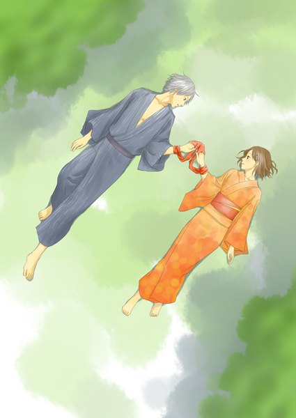 Anime picture 1237x1748 with hotarubi no mori e gin (hotarubi no mori e) takegawa hotaru hata (pixiv1763656) tall image short hair brown hair brown eyes full body outdoors lying long sleeves traditional clothes japanese clothes barefoot from above grey hair on back turning head eye contact