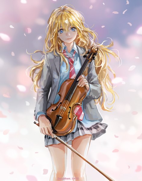 Anime picture 1000x1270 with shigatsu wa kimi no uso a-1 pictures miyazono kaori jane mere single long hair tall image blue eyes blonde hair hair between eyes tears girl skirt uniform school uniform shirt petals musical instrument violin bow (instrument)