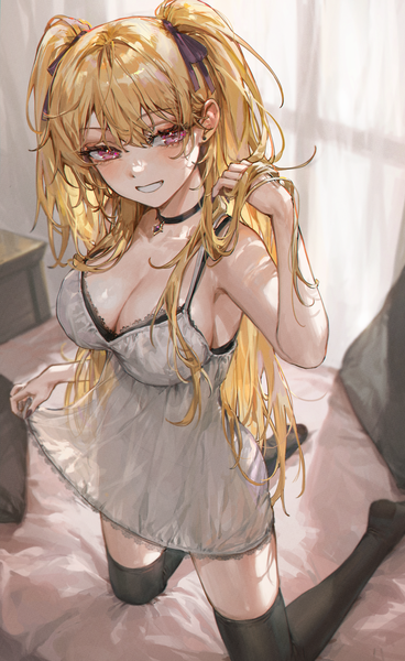 Anime picture 1500x2448 with original kellymonica02 single long hair tall image blush fringe breasts light erotic blonde hair smile hair between eyes large breasts cleavage indoors blunt bangs nail polish pink eyes arm up fingernails