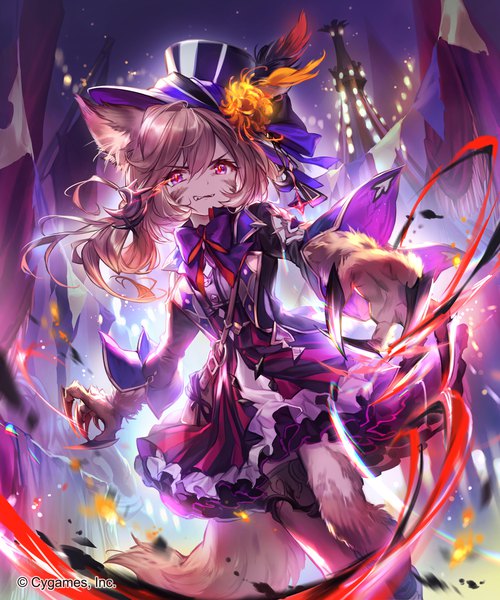 Anime picture 1200x1440 with shadowverse umberwig single long hair tall image looking at viewer fringe hair between eyes brown hair standing purple eyes animal ears full body bent knee (knees) tail parted lips animal tail blurry official art fang (fangs)