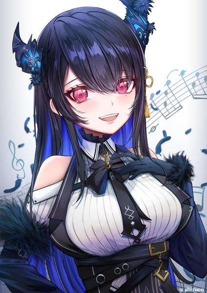 Anime-Bild 1013x1432 mit virtual youtuber hololive hololive english nerissa ravencroft nerissa ravencroft (1st costume) shizu (shizuen) single long hair tall image fringe open mouth black hair hair between eyes red eyes bare shoulders signed blue hair upper body :d multicolored hair