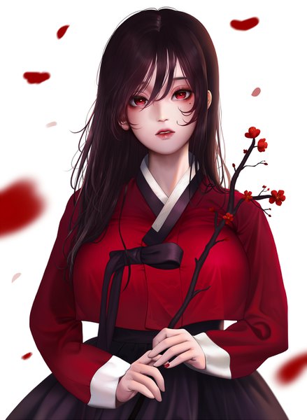 Anime picture 1000x1365 with last origin madan (kkh8936) single long hair tall image looking at viewer fringe breasts simple background hair between eyes red eyes brown hair standing white background holding upper body long sleeves nail polish traditional clothes parted lips