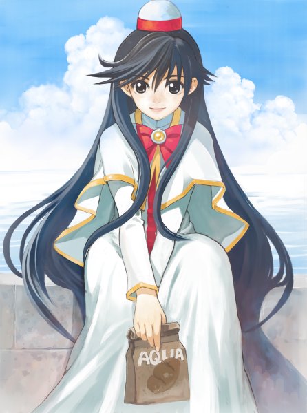 Аниме картинка 892x1200 с ария akira e ferrari hirokiku один (одна) длинные волосы высокое изображение смотрит на зрителя чёрные волосы улыбка сидит небо облако (облака) чёрные глаза девушка шляпа море бумажный пакет