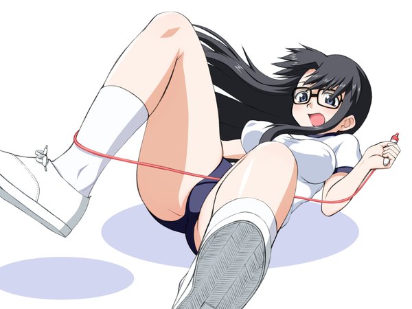 Anime picture 4000x3000 with read or die j.c. staff yomiko readman elf k long hair blush highres breasts open mouth light erotic black hair simple background white background absurdres erect nipples covered nipples falling girl uniform socks