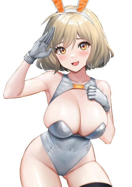 Anime picture 1448x2048 with goddess of victory: nikke anis (nikke) jubi (regiana) single tall image looking at viewer short hair breasts open mouth light erotic simple background blonde hair smile white background signed animal ears cleavage orange eyes bunny ears huge breasts