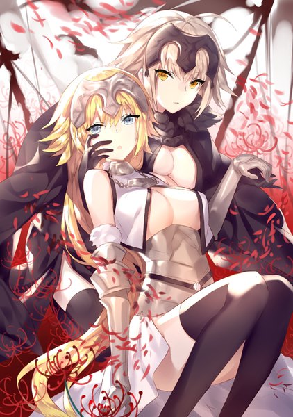 Anime picture 653x929 with fate (series) fate/grand order fate/apocrypha jeanne d'arc (fate) (all) jeanne d'arc alter (fate) jeanne d'arc (fate) touwa nikuman long hair tall image looking at viewer short hair breasts blue eyes light erotic blonde hair large breasts sitting multiple girls yellow eyes ahoge