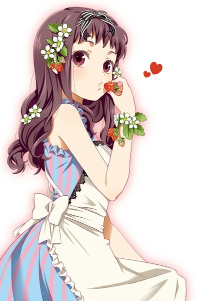 Anime picture 672x1013 with original mattaku mousuke single long hair tall image looking at viewer simple background brown hair white background brown eyes hair flower sleeveless girl dress hair ornament flower (flowers) ribbon (ribbons) hair ribbon food heart