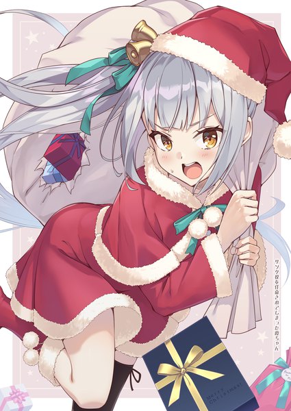Anime picture 2508x3541 with kantai collection kasumi destroyer nueco single long hair tall image looking at viewer highres open mouth yellow eyes long sleeves grey hair fur trim side ponytail christmas angry girl thighhighs dress black thighhighs