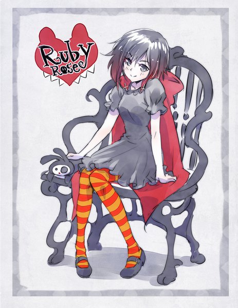 Anime picture 1697x2200 with rwby ruby gloom rooster teeth ruby rose ruby gloom (character) iesupa single tall image looking at viewer short hair black hair simple background smile red hair grey background grey eyes gradient hair striped cosplay revision