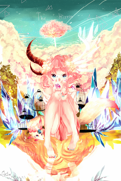 Anime picture 1350x2020 with original hzrn (ymj924) long hair tall image looking at viewer blue eyes pink hair nail polish barefoot horn (horns) pointy ears girl dress plant (plants) animal tree (trees) bird (birds) cage fox