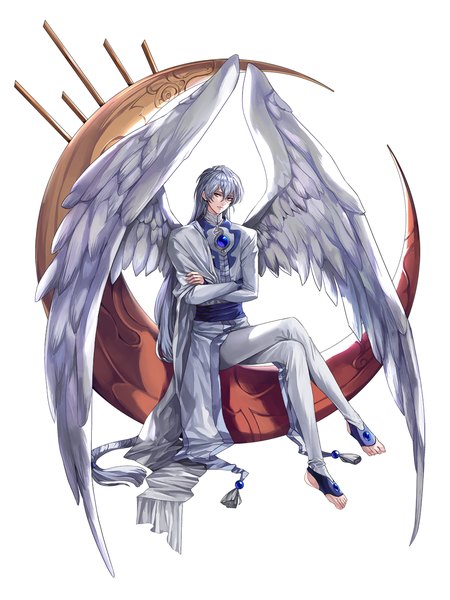 Anime picture 1000x1332 with card captor sakura clamp yue (cardcaptor sakura) ruck single long hair tall image looking at viewer fringe simple background white background sitting silver hair full body bent knee (knees) no shoes crossed legs crossed arms angel wings silver eyes