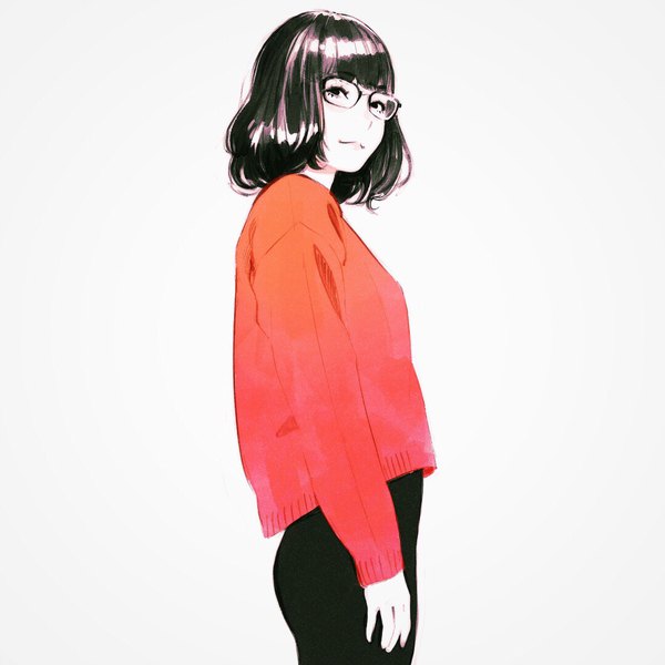 Anime picture 1080x1080 with original ilya kuvshinov single fringe short hair black hair simple background standing white background blunt bangs light smile black eyes girl glasses sweater