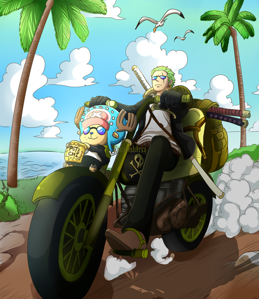 Anime picture 2000x2300 with one piece toei animation roronoa zoro tony tony chopper fanalishiro tall image highres short hair smile sitting signed looking away sky cloud (clouds) outdoors horn (horns) green hair open jacket multiple boys coloring