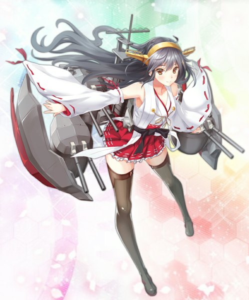 Anime picture 830x1000 with kantai collection haruna battleship zi se single long hair tall image looking at viewer blush black hair brown eyes ahoge girl thighhighs hair ornament weapon black thighhighs detached sleeves