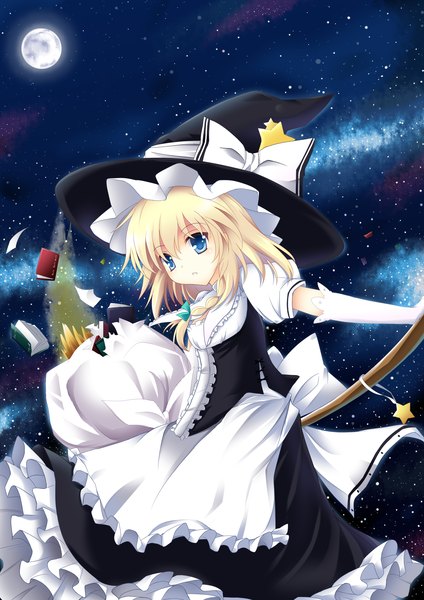 Anime picture 2480x3507 with touhou kirisame marisa nibiiro shizuka long hair tall image highres blue eyes blonde hair absurdres night night sky witch girl bow star (symbol) book (books) moon star (stars) witch hat full moon