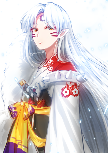 Anime picture 2894x4093 with inuyasha sesshomaru mamel 27 single long hair tall image looking at viewer highres signed upper body white hair traditional clothes japanese clothes pointy ears orange eyes twitter username facial mark forehead mark boy weapon