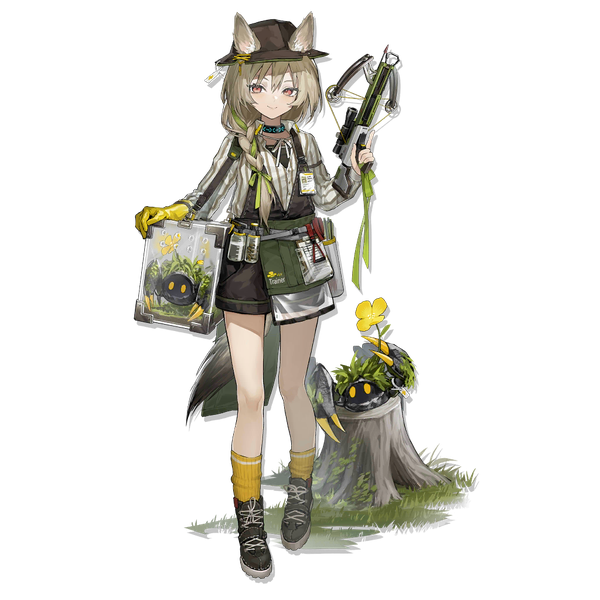 Anime picture 1024x1024 with arknights beanstalk (arknights) metal crab (arknights) kang yiqian (self cultivation) single long hair fringe smile hair between eyes red eyes brown hair standing animal ears full body tail braid (braids) animal tail official art single braid transparent background