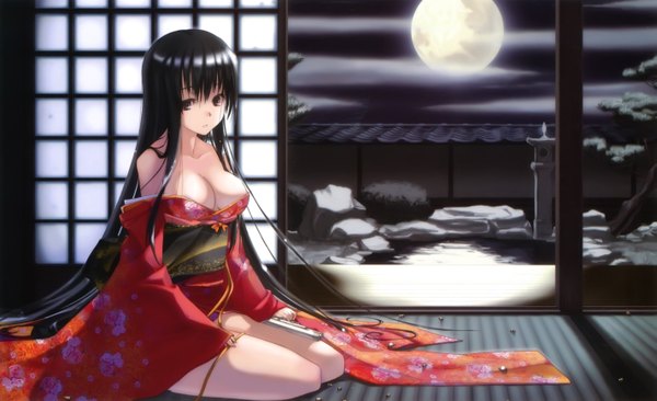 Anime picture 2846x1737 with highres light erotic black hair wide image brown eyes japanese clothes night girl kimono moon sliding doors japanese house shouji