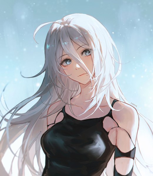 Anime picture 1408x1622 with nier nier:automata yorha type a no. 2 zieru single long hair tall image fringe blue eyes hair between eyes looking away silver hair upper body ahoge mole mole under mouth girl