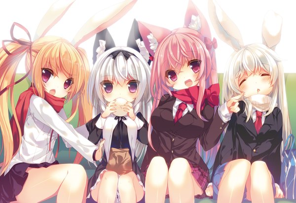 Anime picture 2648x1820 with original p19 long hair looking at viewer blush fringe highres breasts open mouth multiple girls holding animal ears pink hair long sleeves head tilt pleated skirt grey hair bunny ears fox ears side ponytail