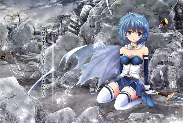 Anime picture 1152x775 with mahou shoujo madoka magica shaft (studio) miki sayaka windfeathers short hair blue eyes blue hair torn clothes ruins girl thighhighs gloves weapon detached sleeves white thighhighs sword cloak knife flag