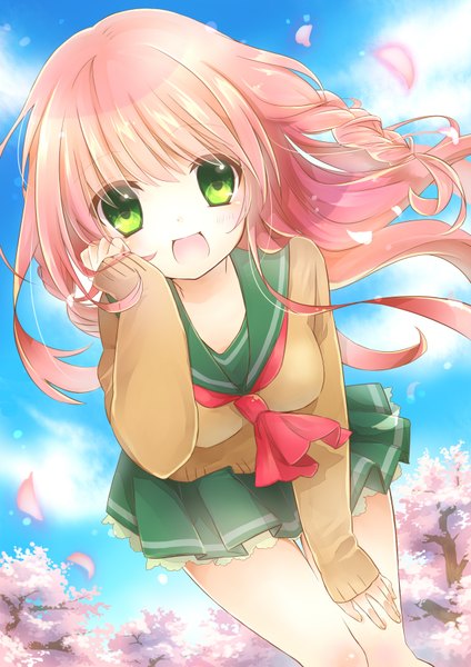 Anime picture 2480x3507 with original moe2013 haori (ki-na-ri) single long hair tall image looking at viewer blush highres open mouth green eyes pink hair :d leaning leaning forward cherry blossoms girl skirt uniform miniskirt