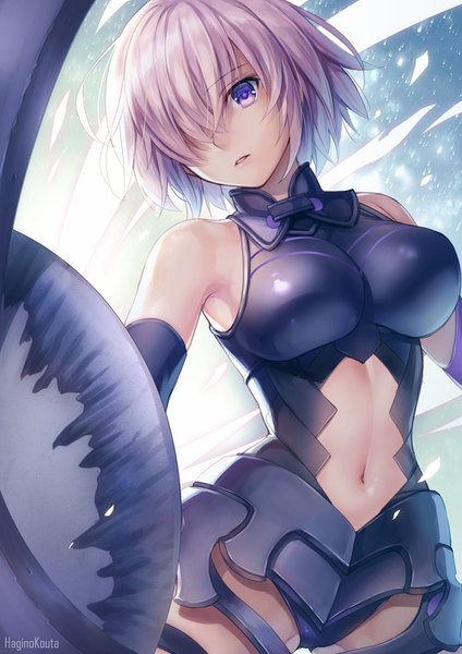 Anime picture 1000x1414 with fate (series) fate/grand order mash kyrielight hagino kouta single tall image looking at viewer fringe short hair breasts light erotic standing purple eyes bare shoulders holding signed pink hair parted lips head tilt hair over one eye