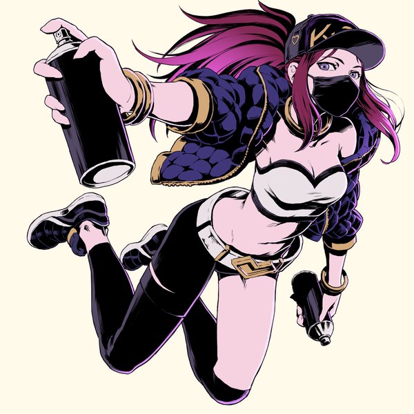 Anime picture 2048x2048 with league of legends k/da (league of legends) akali (league of legends) k/da akali ume (yume uta da) single long hair looking at viewer highres breasts simple background purple eyes holding payot cleavage full body bent knee (knees) ponytail red hair wind