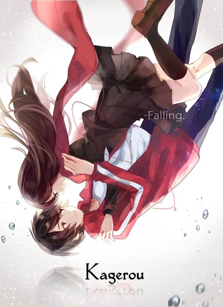 Anime picture 1476x2031 with kagerou project shaft (studio) tateyama ayano kisaragi shintarou kita (kitairoha) long hair tall image short hair red eyes brown hair profile inscription couple reflection face to face upside down falling girl boy uniform