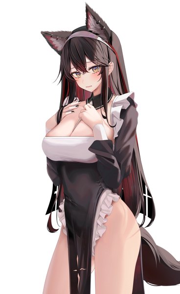 Anime-Bild 3904x6358 mit arknights texas (arknights) ru zhai single long hair tall image looking at viewer blush fringe highres breasts open mouth light erotic black hair simple background hair between eyes large breasts standing white background animal ears