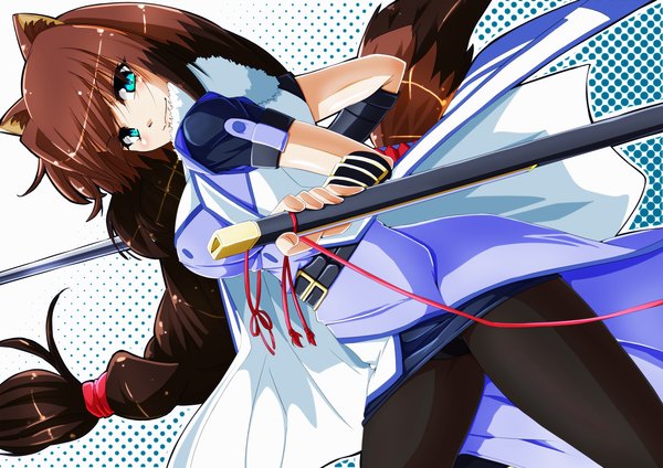 Anime picture 2560x1810 with dog days brioche d'arquien tappa (esperanza) single long hair looking at viewer highres blue eyes light erotic brown hair animal ears tail animal tail girl weapon pantyhose sword katana