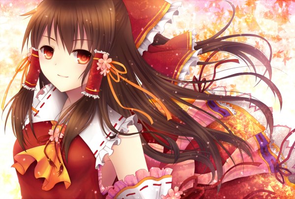 Anime picture 1200x810 with touhou hakurei reimu amano sora (artist) single long hair looking at viewer red eyes brown hair bare shoulders miko girl bow hair bow detached sleeves frills leaf (leaves)
