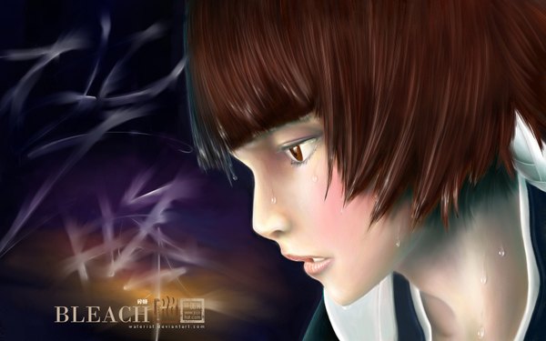 Anime picture 1680x1050 with bleach studio pierrot soifon waterist (artist) short hair brown hair wide image brown eyes profile lips realistic inscription wet portrait face girl