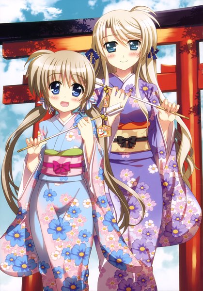 Anime picture 2865x4099 with mahou shoujo lyrical nanoha fujima takuya long hair tall image looking at viewer blush highres open mouth blue eyes blonde hair smile multiple girls white hair traditional clothes japanese clothes scan girl bow 2 girls hair bow