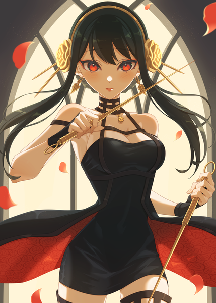 Anime picture 1500x2100 with spy x family yor briar miri (cherryjelly) single long hair tall image looking at viewer fringe breasts black hair hair between eyes red eyes cleavage girl dress weapon earrings petals window black dress