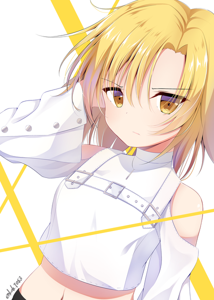 Anime picture 1296x1812 with bang dream! satou masuki koh (koh9083) single tall image looking at viewer short hair blonde hair white background bare shoulders signed yellow eyes upper body midriff twitter username adjusting hair girl