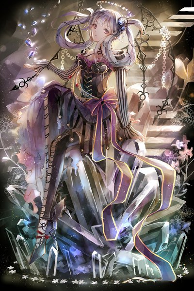 Anime picture 733x1100 with original misaki yuu (misaki 1192) single long hair tall image looking at viewer fringe sitting purple eyes silver hair full body bent knee (knees) long sleeves arm support hair rings girl thighhighs dress hair ornament flower (flowers)